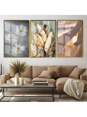 Harikabirev Çiçek Yaprak Soft Kombin  Çerçeveli Cam Tablo  3'lü