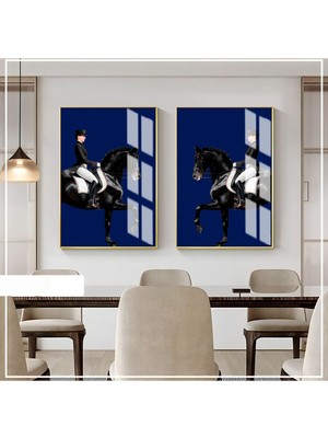 Harikabirev Saks Mavisi  Siyah Beyaz Kadın Jokey Kombin  Çerçeveli Cam Tablo  2'li