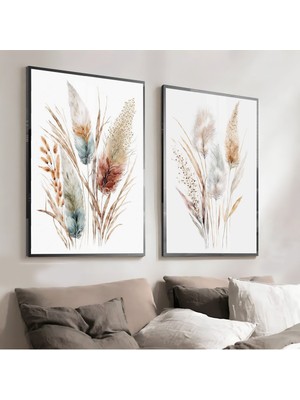 Harikabirev Soft Püsküllü Çiçek Demeti Kombini   Çerçeveli Cam Tablo  2'li