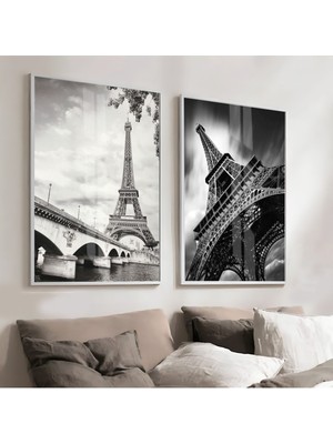 Harikabirev Siyah Beyaz Renk Eyfel Kulesi Manzaralı Kombin Çerçeveli Cam Tablo  2'li