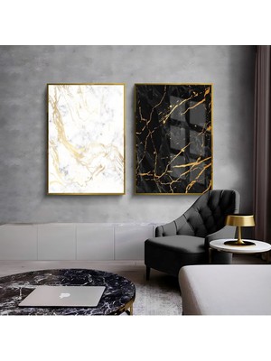 Harikabirev Beyaz Siyah Gold Mermer Desen Soyut Kombini  Çerçeveli Cam Tablo  2'li