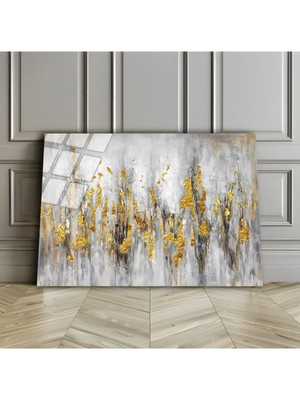 Harikabirev Kırılmaz Cam (Temperli) Beyaz-Gold Soyut Tablosu 02