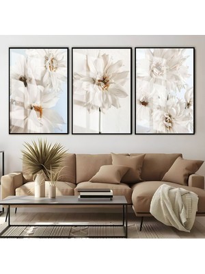 Harikabirev Beyaz Çiçekler Kombini  Çerçeveli Cam Tablo  3'lü