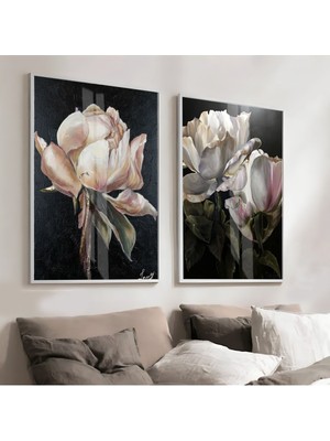 Harikabirev Siyah Bej Renk Yağlı Boya Çiçek Yaprak Kombini   Çerçeveli Cam Tablo  2'li