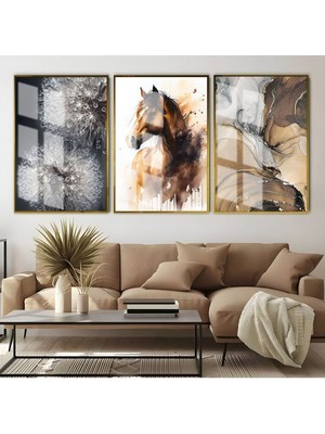 Harikabirev Kahverengi At Karahindiba Soyut Kombini  Çerçeveli Cam Tablo  3'lü