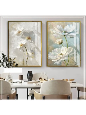 Harikabirev Beyaz Soft Çiçek Kombin  Çerçeveli Cam Tablo  2'li