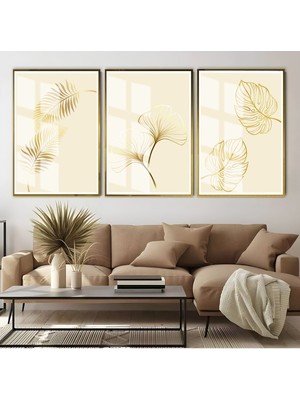 Harikabirev Krem Gold Tropik Yapraklar Kombini  Çerçeveli Cam Tablo  3'lü