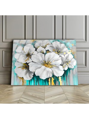 Harikabirev Kırılmaz Cam (Temperli) Turkuaz-Gold Çiçek Tablo 01