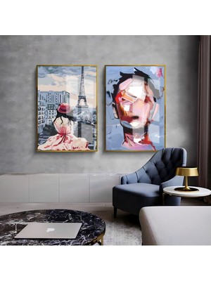 Harikabirev Mor Pembe Soyut Kadın Kombini  Çerçeveli Cam Tablo  2'li