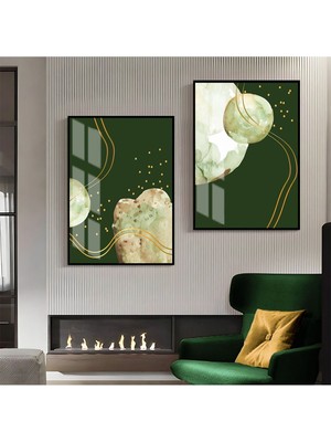 Harikabirev Yeşil Kahverengi Gold Desenli Soyut Kombini Çerçeveli Cam Tablo  2'li