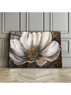 Harikabirev Kırılmaz Cam (Temperli) Kahve-Beyaz Çiçek Tablosu 01