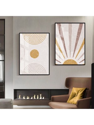 Harikabirev Krem Turuncu Soyut Kombini  Çerçeveli Cam Tablo  2'li