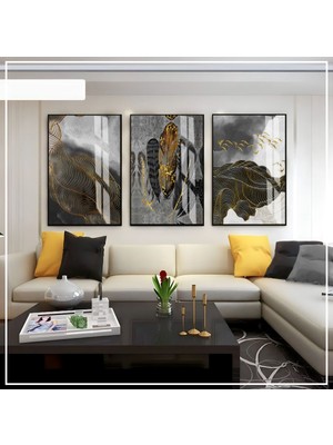 Harikabirev Gri Siyah  Gold Soft Renk Soyut Seti 04  Çerçeveli Cam Tablo 3'lü