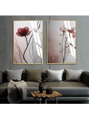 Harikabirev Soft Gri Kırmızı Çiçekler Çerçeveli Cam Tablo  2'li