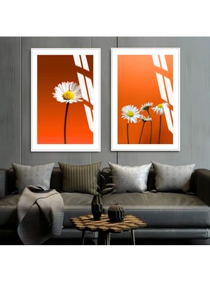 Harikabirev Turuncu Renk Çiçek Kombini Yeni Çerçeveli Cam Tablo  2'li