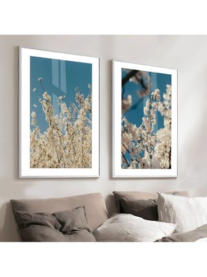 Harikabirev Saks Mavisi Bej Renk Püskül Ve Çiçek Kombini   Çerçeveli Cam Tablo  2'li