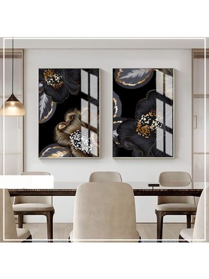 Harikabirev Siyah Gold Renk Soyut Çiçek  Kombini  Çerçeveli Cam Tablo  2'li