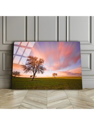 Harikabirev Kırılmaz Cam (Temperli) Pembe-Yeşil Doğa Manzaratablosu