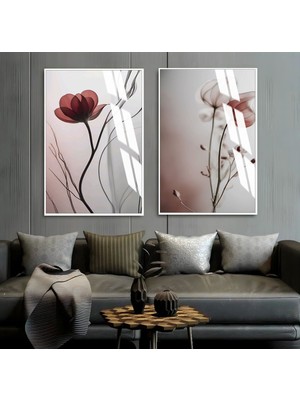 Harikabirev Soft Gri Kırmızı Çiçekler Çerçeveli Cam Tablo  2'li