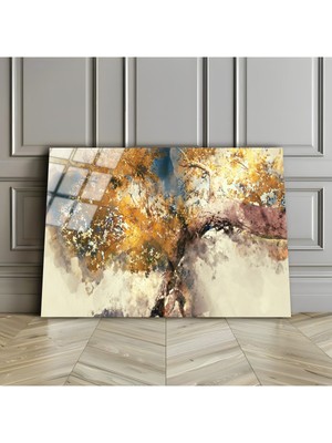 Harikabirev Kırılmaz Cam (Temperli) Beyaz-Sarı Soyut Ağaç Tablosu 01