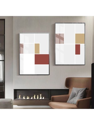 Harikabirev Gri Kırmızı Desenli Soyut Kombini  Çerçeveli Cam Tablo  2'li