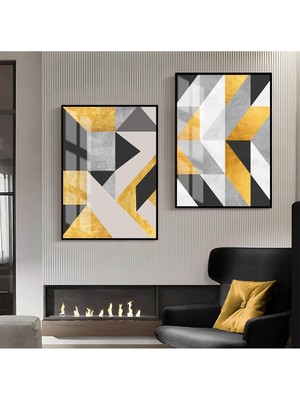 Harikabirev Siyah Gold Gri Desenli Soyut Kombini  Çerçeveli Cam Tablo  2'li