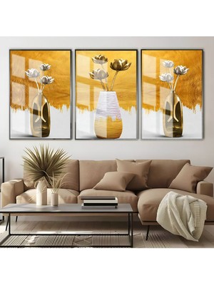 Harikabirev Beyaz Gold Vazolu Çiçek Kombini  Çerçeveli Cam Tablo  3'lü