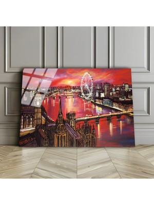 Harikabirev Kırılmaz Cam (Temperli) Kırmızı Tonlar Manzara Tablosu 01