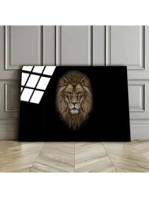 Harikabirev Kırılmaz Cam (Temperli) Siyah Arkaplan Aslan Tablosu