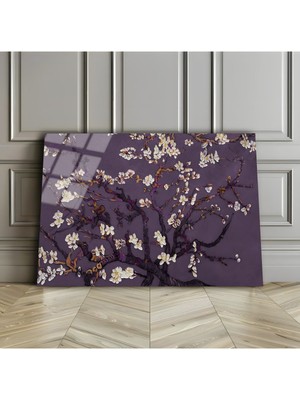 Harikabirev Kırılmaz Cam (Temperli) Mor-Beyaz Çiçek Dalları Tablosu