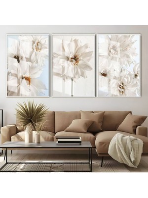 Harikabirev Beyaz Çiçekler Kombini  Çerçeveli Cam Tablo  3'lü