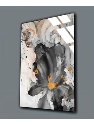 Harikabirev Kırılmaz Cam (Temperli) Siyah-Gri Çiçek Tablosu 01