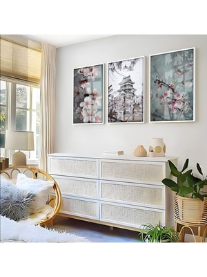 Harikabirev Pembe Çiçekler Japan Ev Kombini  Çerçeveli Cam Tablo  3'lü