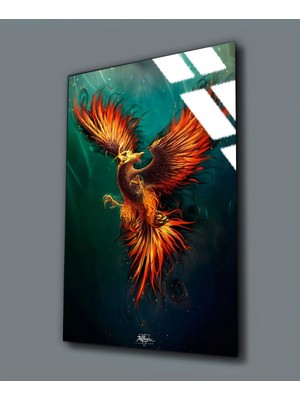 Harikabirev Kırılmaz Cam (Temperli) Zümrüt-Turuncu Anka Kuşu Tablosu 01