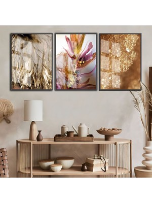 Harikabirev Soft Pembe Gold Çiçek Tüy Soyut Kombini  Çerçeveli Cam Tablo 3'lü