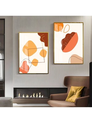 Harikabirev Sarı Turuncu Beyaz Desenli Soyut Kombini Çerçeveli Cam Tablo  2'li