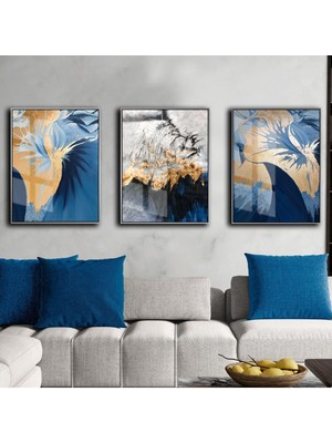 Harikabirev Saks Mavisi Gold Renk Soyut Ve Çiçek Kombini Çerçeveli Cam Tablo 3'lü