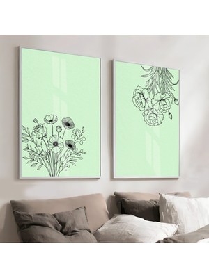 Harikabirev Yeşil Siyah Renk Soyut Çiçek Demet Kombini   Çerçeveli Cam Tablo  2'li
