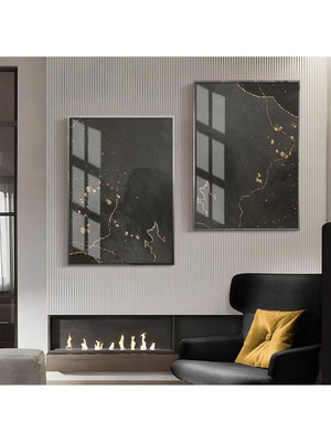 Harikabirev Siyah Gold Luxury Desenli Soyut Kombini  Çerçeveli Cam Tablo  2'li