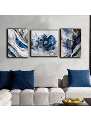 Harikabirev Gri Gümüş Mavi Soyut Kombin Seti  Çerçeveli Saatli Cam Tablo