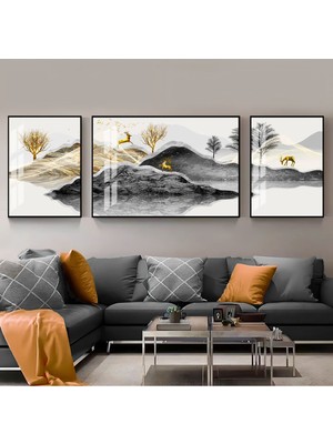 Harikabirev Gold Siyah Soyut Geyik Abstract Kombini  Çerçeveli Temperli Cam Tablo 3'lü