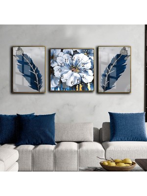 Harikabirev Mavi Gümüş Çiçek Kombin Seti  Çerçeveli Saatli Cam Tablo