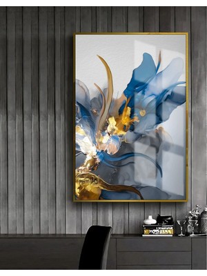 Harikabirev Mavi Gold Çiçek Desenli Model  Çerçeveli Temperli Cam Tablo Tekli