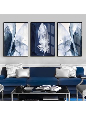 Harikabirev Lacivert Gümüş Tüy Ve Soyut Kombin  Çerçeveli Cam Tablo 3'lü