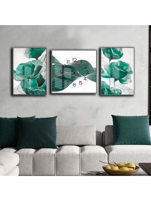 Harikabirev Yeşil Beyaz Soyut Kombini Seti  Çerçeveli Saatli Cam Tablo