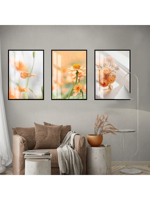 Harikabirev Turuncu Yeşil Kombin Soyut Çiçek Ve Yarpak Kombini 4 Çerçeveli Cam Tablo 3'lü
