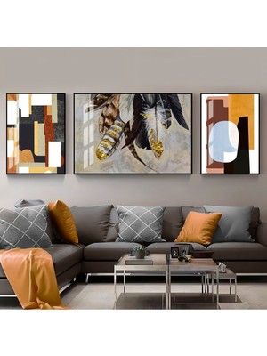 Harikabirev Siyah Turuncu Gold Soyut Abstract Kombin  Çerçeveli Temperli Cam Tablo 3'lü