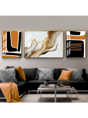 Harikabirev Siyah Turuncu Beyaz Soyut Abstract Kombin  Çerçeveli Temperli Cam Tablo 3'lü