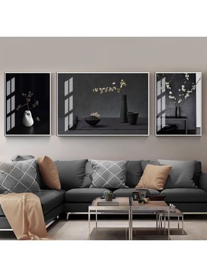 Harikabirev Siyah Beyaz Mumlu Tütsülü Kombin Çerçeveli Temperli Cam Tablo 3'lü