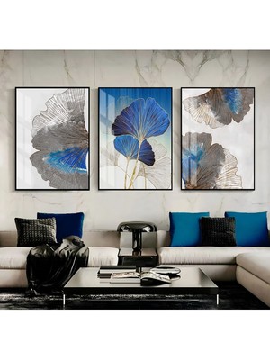 Harikabirev Lacivert Gümüş Sonsuzluk Çiçeği  Soyut Çerçeveli Cam Tablo 3'lü